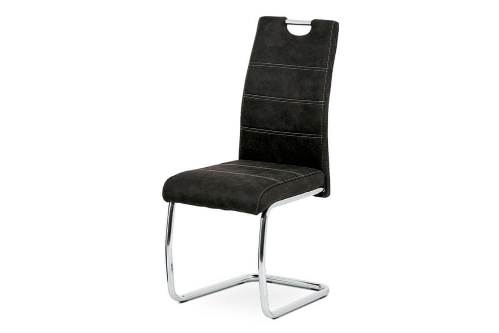Autronic Jedálenská stolička, poťah čierna látka v dekore vintage kože, kovová chrómovaná perová podnož HC-483 BK3